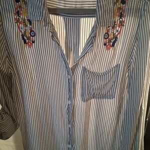 Velvet Heart Grey and White Striped Embroidery Button Up Shirt